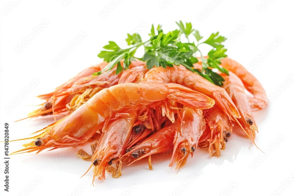 Close-up of Cooked Shrimp with Parsley Garnish, Seafood Delicacy Close-up of Cooked Shrimp with Parsley Garnish, Seafood Delicacy