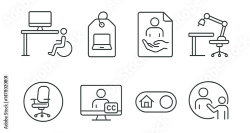 Line style icons of workplace accessibility: accessible workstation icon, remote-friendly job tag, disability inclusion file, assistive device at desk, ergonomic chair badge, captioned video call