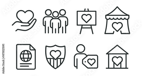 Line style icons of nonprofit organizations: nonprofit logo symbol, volunteer team icon, donation campaign board, charity event tent, nonprofit mission file, impact report badge, founder with cause