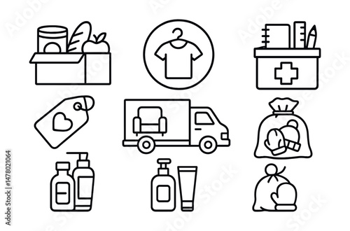 Line style icons of donation types: food donation icon, clothes drop-off badge, school supplies box, medicine kit file, monetary gift tag, furniture donation truck, hygiene products pack, winter gear
