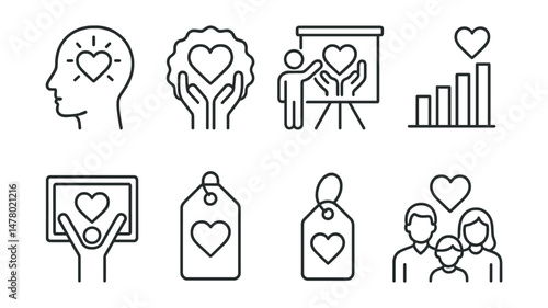 Line style icons of giving culture: generosity mindset symbol, giving is caring badge, teach to give icon, donation story card, culture of philanthropy chart, charity celebration board, shared giving