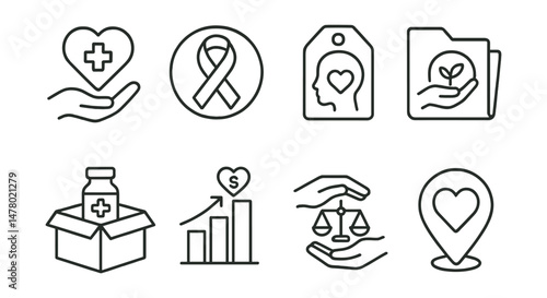 Line style icons of charity for health: medical charity icon, cancer care donation badge, mental health support tag, therapy fund file, medicine distribution box, hospital fundraiser chart, health