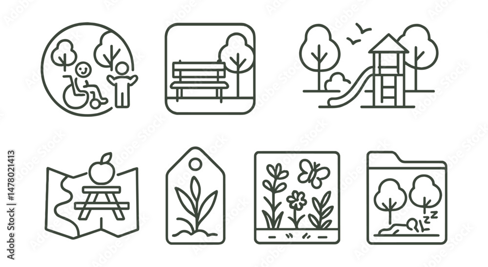 Line style icons of public green spaces: inclusive park symbol, green bench in square, playground with trees badge, urban nature trail icon, picnic in park map, native planting zone tag, biodiversity Line style icons of public green spaces: inclusive park symbol, green bench in square, playground with trees badge, urban nature trail icon, picnic in park map, native planting zone tag, biodiversity