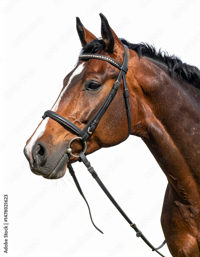 Obraz premium Chestnut horse wearing a bridle posing against white background