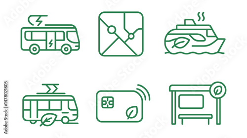 Line style icons of green public transport: electric bus icon, metro map badge, hybrid train tag, low-emission ferry file, clean air tram symbol, smart transit card, bus lane priority board, green