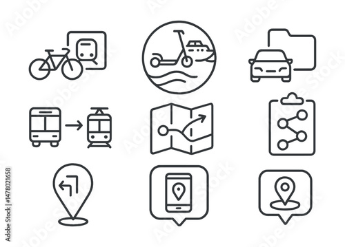 Line style icons of multimodal mobility: bike + metro combo icon, scooter + ferry badge, park and ride file, bus to tram interchange chart, flexible route planner symbol, trip chaining board, modal