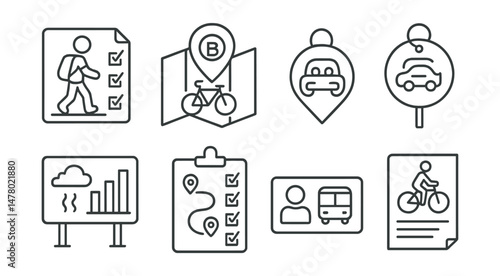 Line style icons of clean air and mobility: walk to school tracker file, bike rack map icon, carpool plan tag, idling-free zone badge, air quality monitor board, safe routes survey chart, student