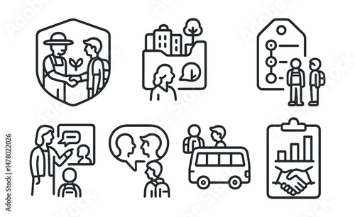 Line style icons of student–community collaboration: partner with local farm badge, city greening file, shared project timeline tag, invite expert speaker board, parent support callout icon, shared