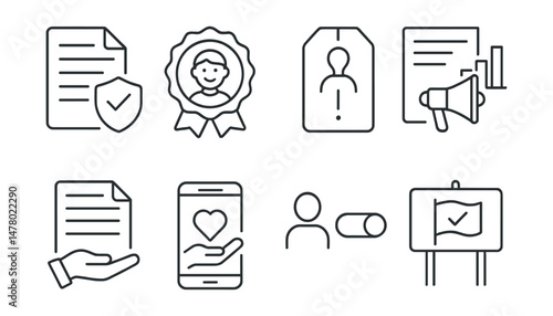 Line style icons of rights and protections on platforms: platform policy file, youth-friendly summary badge, block vs report tag, complaint with backup chart, terms in plain language icon, app with