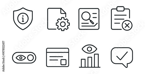 Line style icons of interface transparency: explain my data badge, open algorithm file, data use summary tag, clear permissions board, visible choices toggle, plain language popup, platform