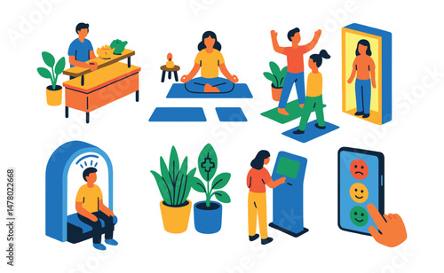 Isometric flat vector set of illustrations of urban wellness center: herbal tea bar, meditation space, movement studio, light therapy booth, stress scan, healing plants, digital check-in, mood
