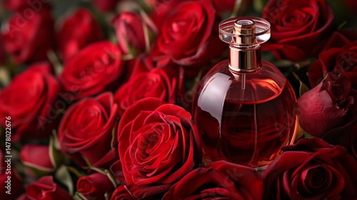 a bottle of perfume surrounded by red roses