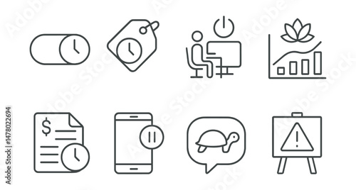Line style icons of time-respecting features: session timer toggle, break reminder tag, log off suggestion icon, mindful usage chart, time-budget plan file, app with pause badge, slow down option