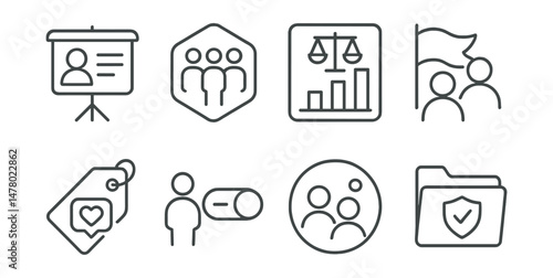 Line style icons of peer accountability and culture: visible moderation board, community norms badge, fair enforcement chart, user-led flag system icon, feedback on design tag, co-govern toggle,