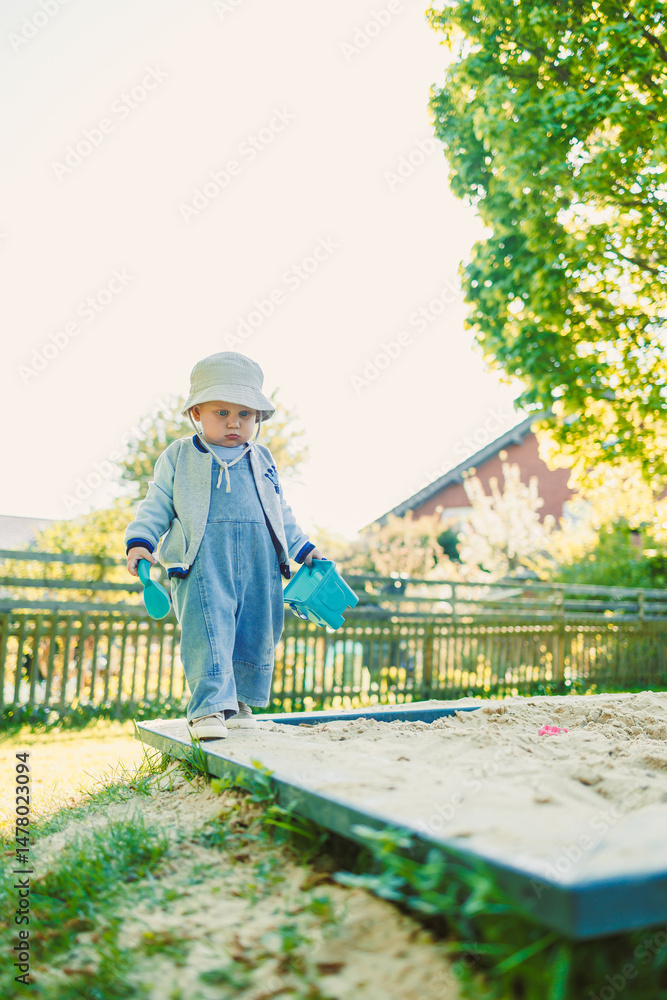 A playful toddler happily exploring a sandbox under the warm sunshine in a bright outdoor setting, full of greenery, creating joyful memories of childhood and funfilled playtime adventures