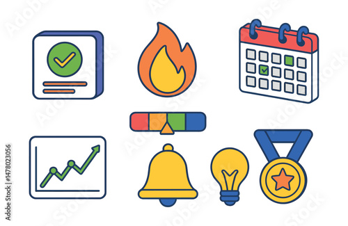 Isometric flat vector set of illustrations of online habit trackers: daily goal box, streak flame, mood color bar, calendar mark, habit graph, reminder bell, habit ideas, progress medal.