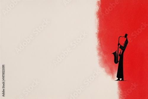 Jazz musician silhouette with saxophone on red and beige background