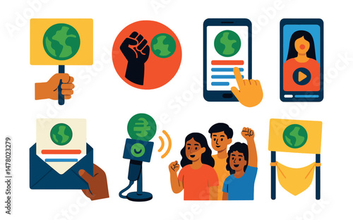 Isometric flat vector set of illustrations of youth climate advocacy: placard sign, climate strike badge, online petition, letter to leader, eco podcast, awareness story reel, protest group, reusable