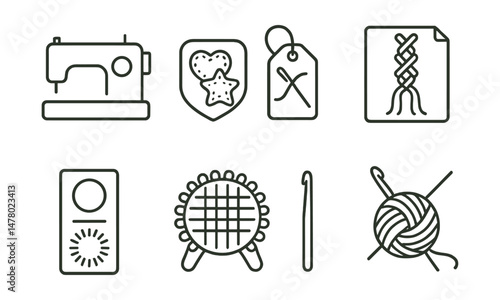 Line style icons of textile and fiber arts: simple sewing machine icon, felt shapes badge, hand-stitch tag, friendship bracelet file, pom-pom maker board, loop loom chart, basic crochet hook, yarn