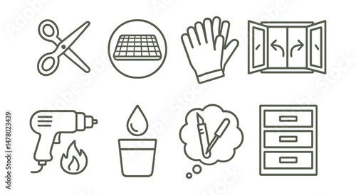 Line style icons of safe crafting habits: safety scissors icon, no-slip mat badge, craft gloves tag, ventilation open window file, heat gun with care symbol, keep water nearby chart, store sharp