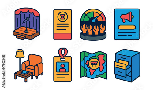 Isometric flat vector set of illustrations of community storytelling event: open mic stage, storytelling prompt card, applause meter, event invite, cozy seating area, participant badge, cultural map,