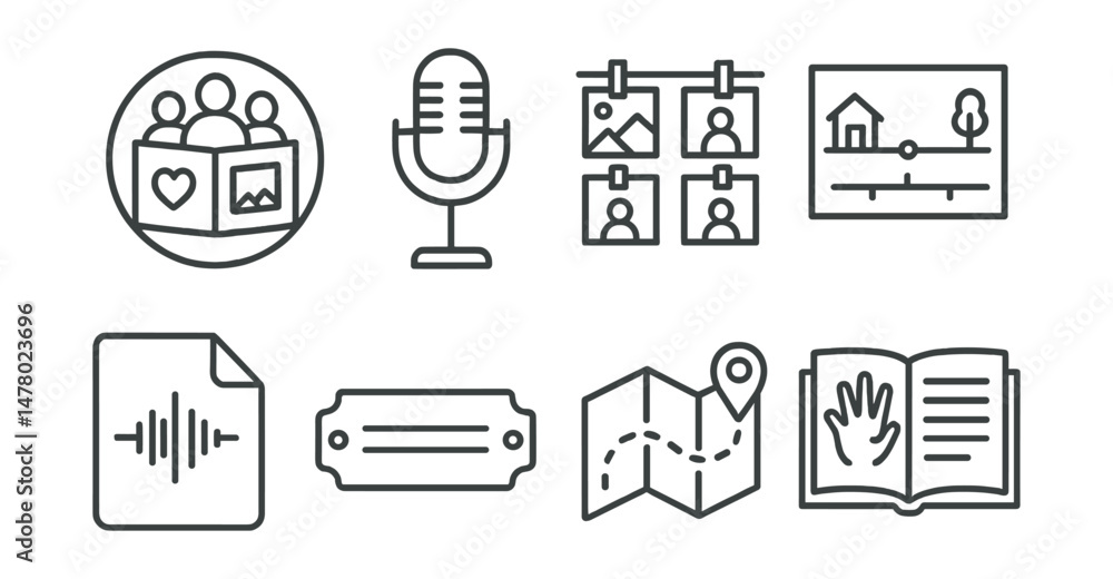 Line style icons of story and memory sharing: community scrapbook badge, oral history mic icon, photo wall board, timeline of place chart, audio memory file, legacy bench tag, memory walk map,