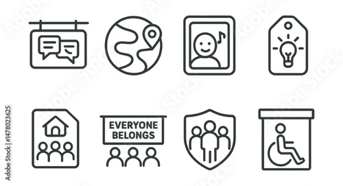 Line style icons of inclusive local spaces: multilingual sign icon, access route map badge, sensory break area board, low-stimulation hour tag, welcoming team file, “everyone belongs” banner chart,