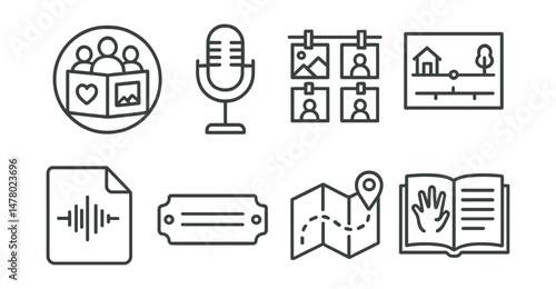Line style icons of story and memory sharing: community scrapbook badge, oral history mic icon, photo wall board, timeline of place chart, audio memory file, legacy bench tag, memory walk map,
