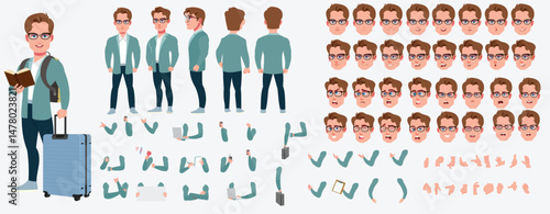 Man Character design. Front, side, back view and explainer animation poses. Character set with lip sync and facial expressions of Happy, angry, sad, Joy with Side walk cycle animation sequence sprite 