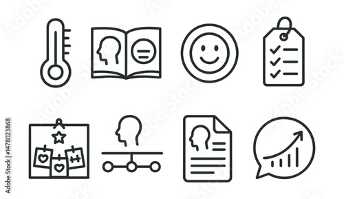 Line style icons of self-awareness and growth: emotion thermometer icon, personal reflection journal, mood tracker badge, “what I learned” tag, strength spotting board, identity timeline chart,