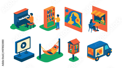 Isometric flat vector set of illustrations of creative urban spaces: street piano, park bookshelf, community mural, pop-up café, rooftop film screen, public hammock, mini library, mobile gallery.