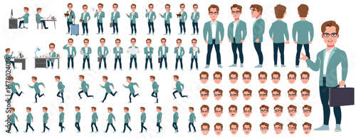 Man Character design. Front, side, back view and explainer animation poses. Character set with lip sync and facial expressions of Happy, angry, sad, Joy with Side walk cycle animation sequence sprite 