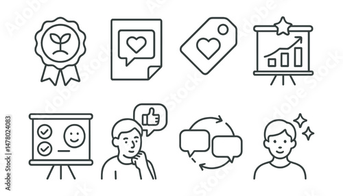 Line style icons of giving and receiving feedback: growth feedback badge, kind suggestion file, “what helped me” tag, praise + grow chart, improvement without shame board, reflection on feedback icon
