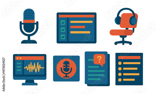 Isometric flat vector set of illustrations of student-led podcast studio: mic setup icon, segment timer, show plan board, co-host chair, edit session screen, podcast logo draft, audience question