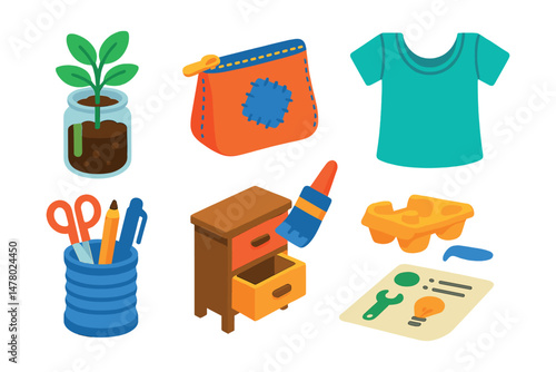 Isometric flat vector set of illustrations of creative upcycling ideas: glass jar planter, fabric scrap pouch, paper tube toy, t-shirt tote, tin can organizer, furniture makeover icon, egg carton