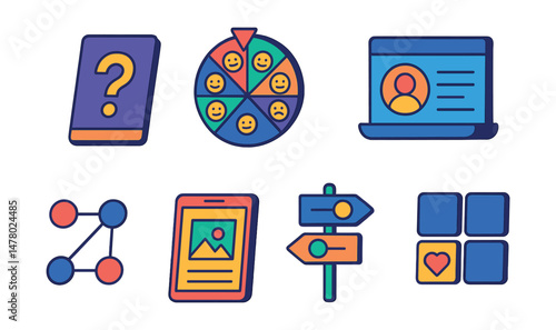 Isometric flat vector set of illustrations of creative icebreakers: question card, emoji prompt wheel, intro slide, two truths form, connection line game, photo scavenger hunt, “this or that” sign,