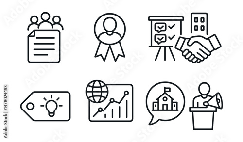 Line style icons of real-world problem solving: community challenge file, local expert badge, real user feedback board, city partnership icon, apply knowledge tag, social issue tracker chart,