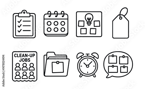 Line style icons of classroom logistics and systems: supplies list icon, group calendar badge, post-it idea board, project storage tag, clean-up job chart, teacher check-in file, time reminder symbol