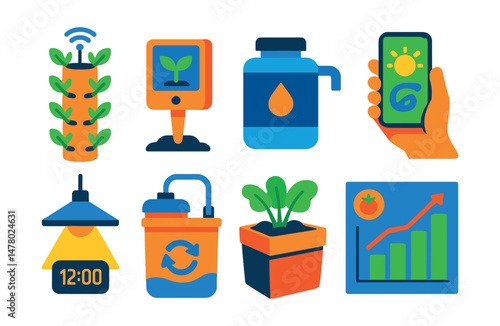 Isometric flat vector set of illustrations of smart urban farming: hydroponic tower, seedling monitor, nutrient tank, climate control app, light timer, water recycler, smart planter box, harvest