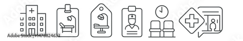 Line style icons of clinical settings: hospital building icon, examination room badge, operating theater tag, triage station file, nurse station board, waiting area chart, emergency ward symbol,