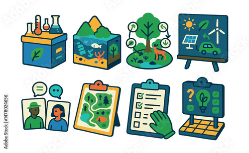 Isometric flat vector set of illustrations of creative environmental education: climate science kit, ocean pollution model, forest ecosystem chart, climate solutions poster, role-play cards, outdoor