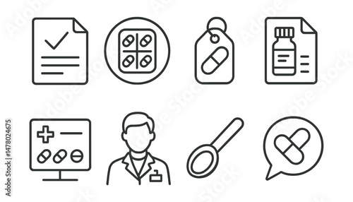 Line style icons of medication and pharmacy: prescription paper icon, pill blister pack badge, capsule tag, medicine bottle file, dosage chart, pharmacist board, measuring spoon symbol, drug