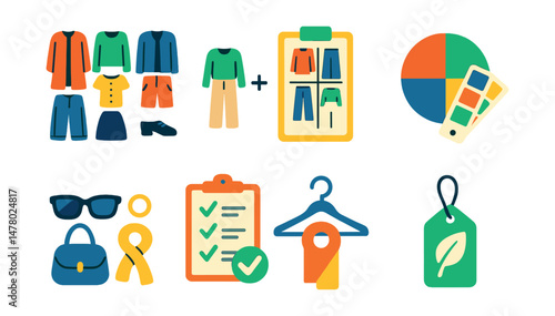 Isometric flat vector set of illustrations of minimalist capsule wardrobe: seasonal pieces icon, style formula guide, outfit planner, color palette, accessories chart, quality checklist, closet