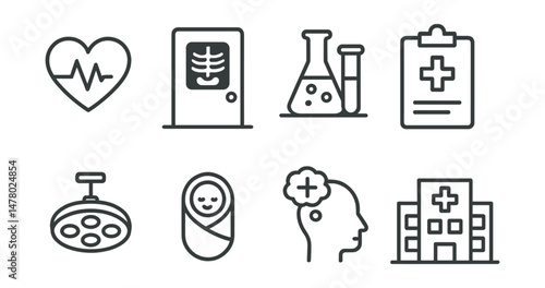 Line style icons of hospital departments: cardiology wing icon, radiology door badge, lab sample desk tag, ICU entrance file, surgery floor board, maternity ward chart, mental health unit bubble,