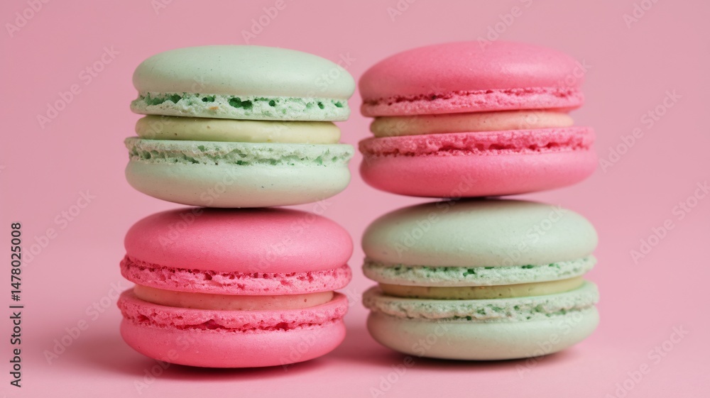 Sweet pastel macaroons stacked on a soft pink background, showcasing vibrant colors and smooth textures. Sweet pastel macaroons stacked on a soft pink background, showcasing vibrant colors and smooth textures.