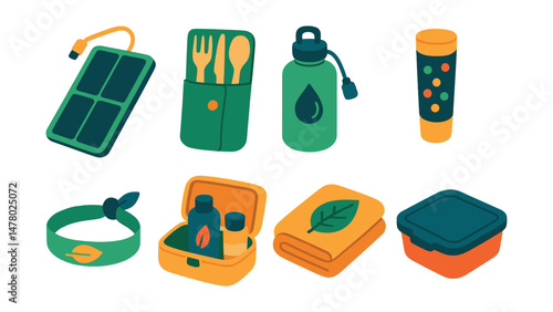 Isometric flat vector set of illustrations of sustainable festival gear: solar phone charger, reusable utensil pouch, water refill flask, eco glitter tube, cloth wristband, zero-waste toiletry kit,
