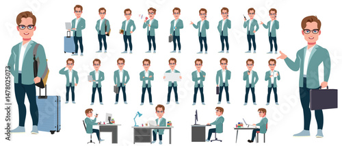Man Character design. Front, side, back view and explainer animation poses. Character set with lip sync and facial expressions of Happy, angry, sad, Joy with Side walk cycle animation sequence sprite 