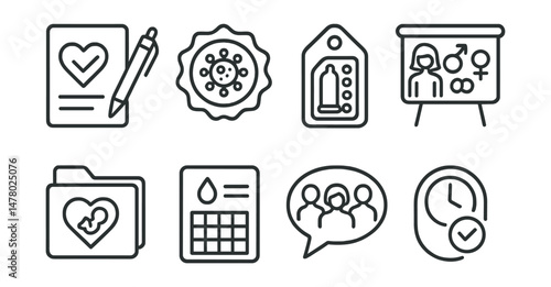 Line style icons of reproductive and sexual health: consent form icon, STI test badge, contraception guide tag, puberty education board, pregnancy options file, menstrual health chart, inclusive care