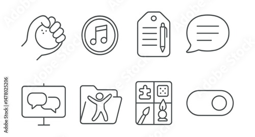Line style icons of coping mechanisms: stress ball icon, music for relief badge, journaling tag, deep breath bubble, talk to someone board, movement release file, distraction toolkit chart, positive