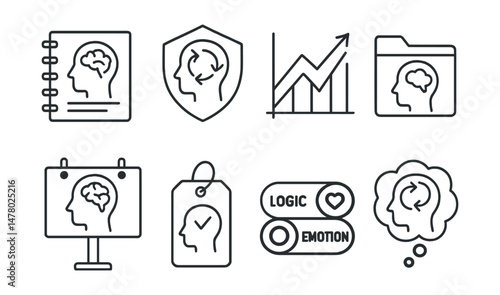 Line style icons of cognitive skills and strategies: thought journal icon, reframe thoughts badge, pattern breaker chart, automatic thought file, belief testing tag, healthy mindset board, logic vs